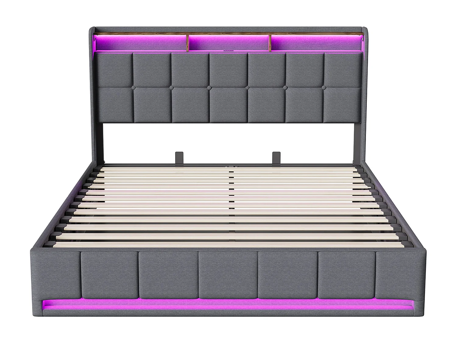 Łóżko podwójne 160x200 cm szare z miejscem do przechowywania, oświetleniem LED RGB, portami USB i wysuwanymi szufladami – nowoczesny design z tkaniny lnianej