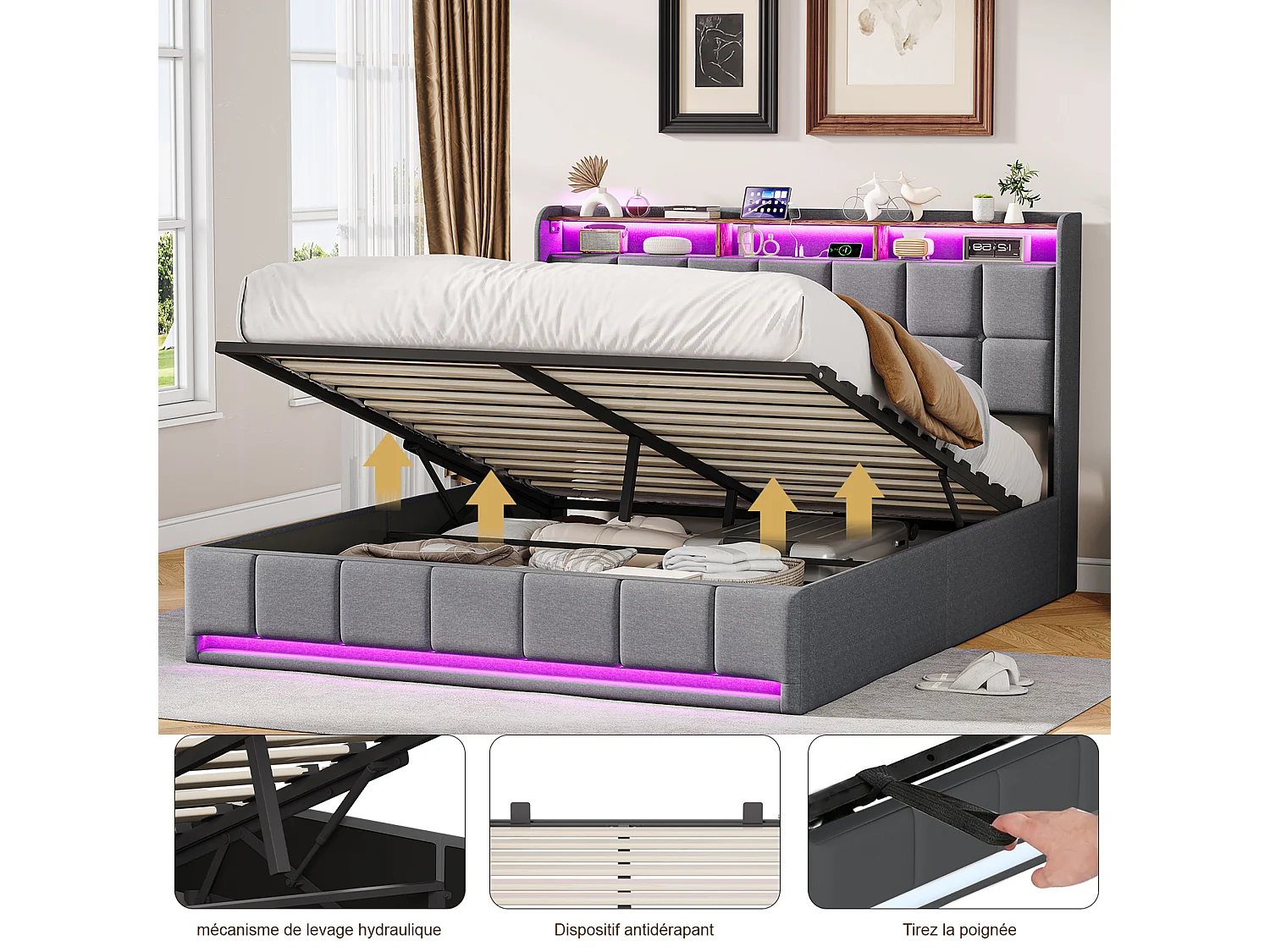 Łóżko podwójne 160x200 cm szare z miejscem do przechowywania, oświetleniem LED RGB, portami USB i wysuwanymi szufladami – nowoczesny design z tkaniny lnianej