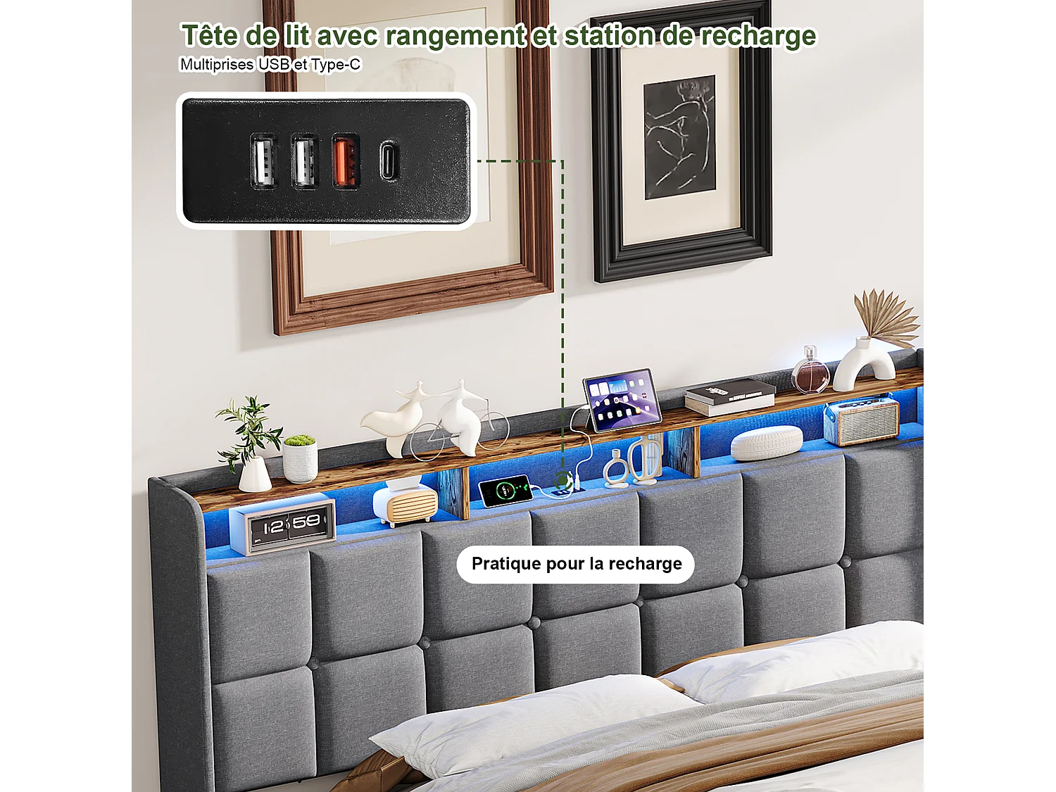 Łóżko podwójne 160x200 cm szare z miejscem do przechowywania, oświetleniem LED RGB, portami USB i wysuwanymi szufladami – nowoczesny design z tkaniny lnianej