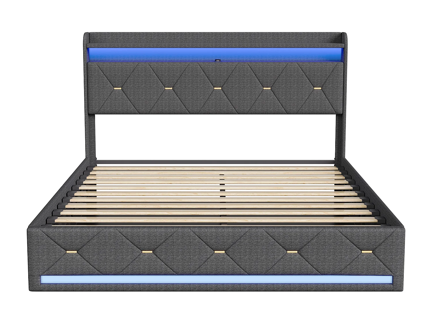 Lit avec rangement - 160 x 200 cm - Cadre de lit avec éclairage RGB LED - Décoration bouton doré - lin - gris