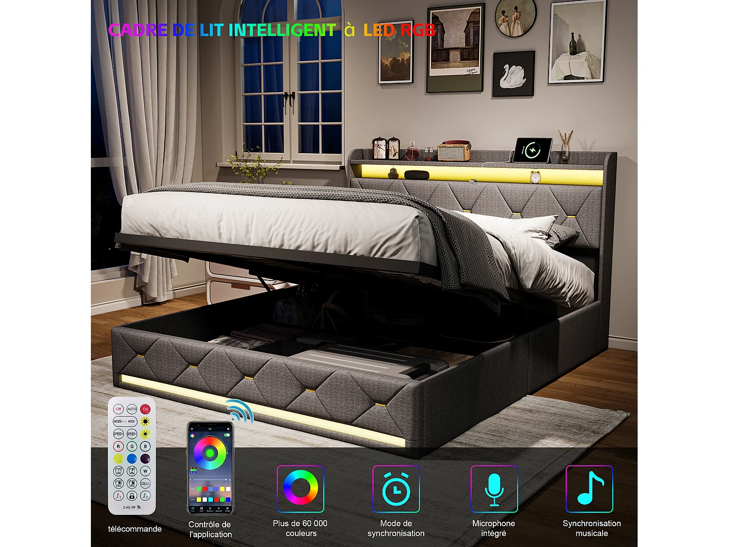 Lit avec rangement - 160 x 200 cm - Cadre de lit avec éclairage RGB LED - Décoration bouton doré - lin - gris