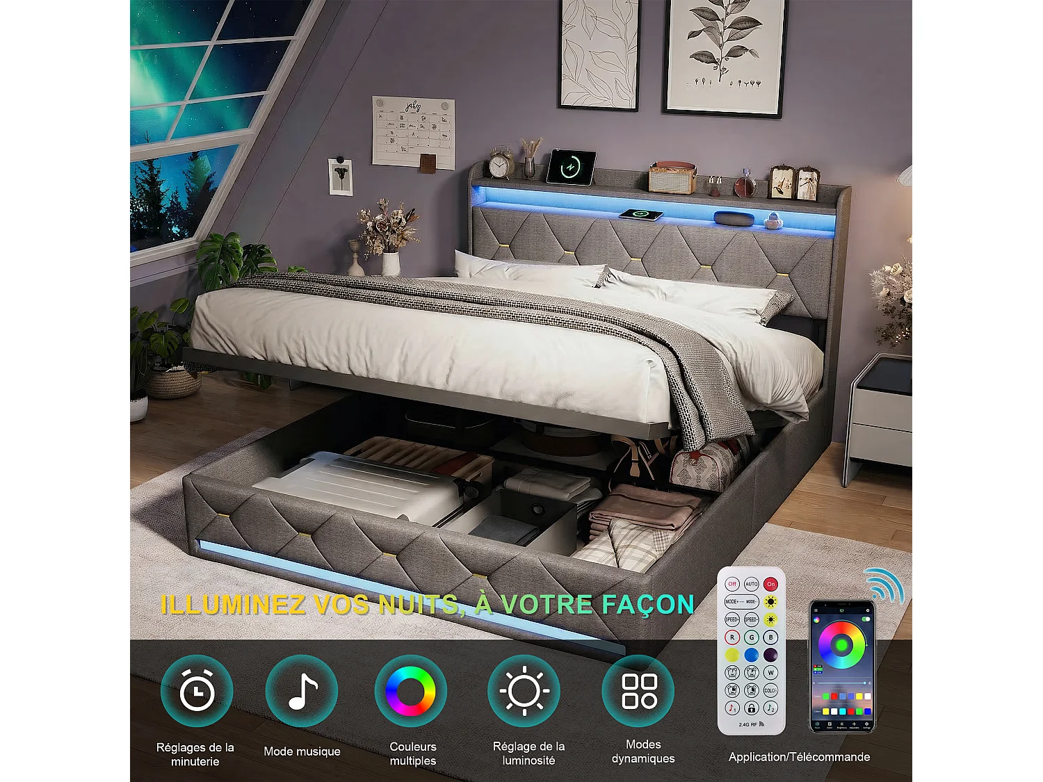 Lit avec rangement - 160 x 200 cm - Cadre de lit avec éclairage RGB LED - Décoration bouton doré - lin - gris