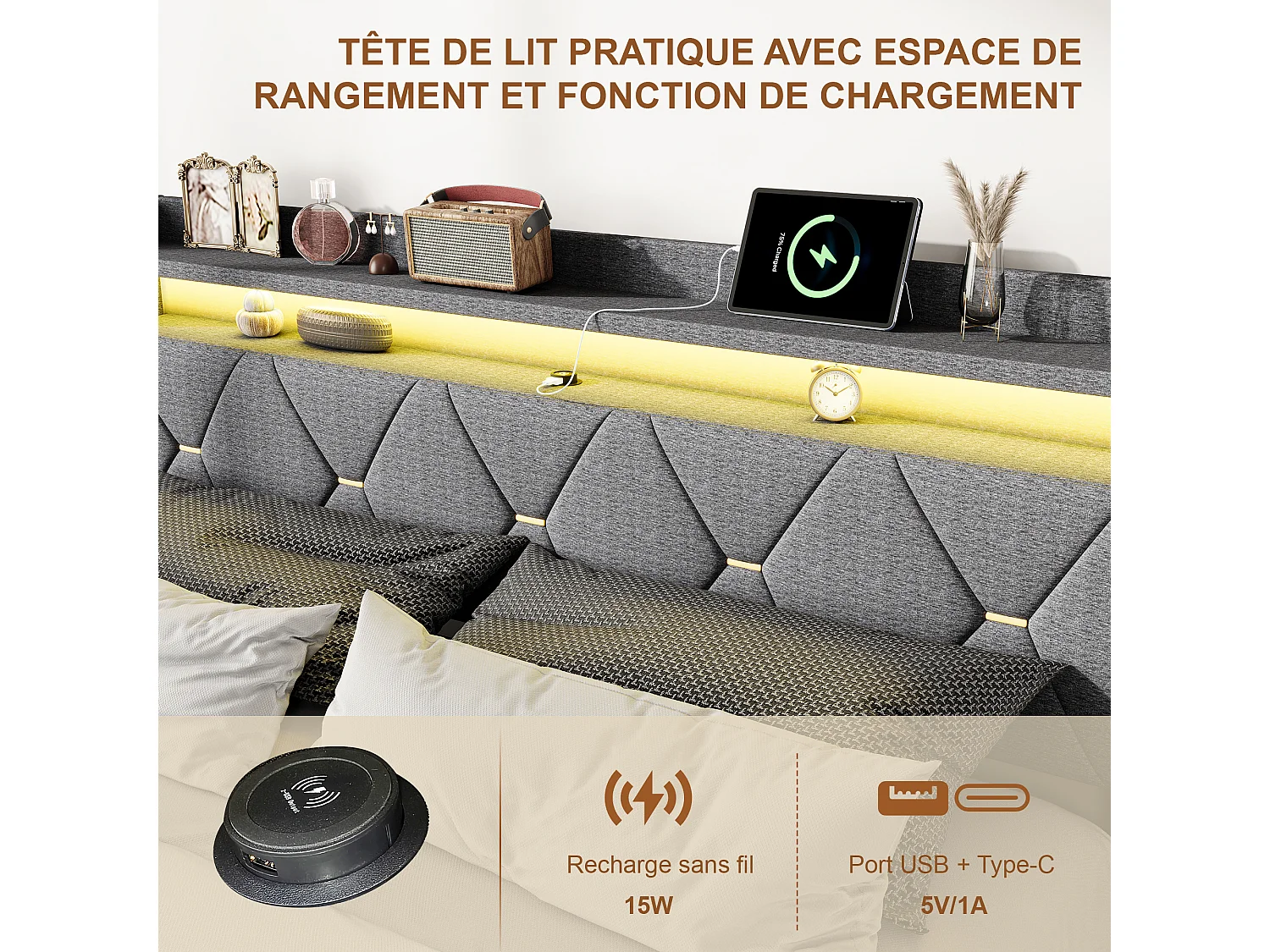 Lit avec rangement - 160 x 200 cm - Cadre de lit avec éclairage RGB LED - Décoration bouton doré - lin - gris