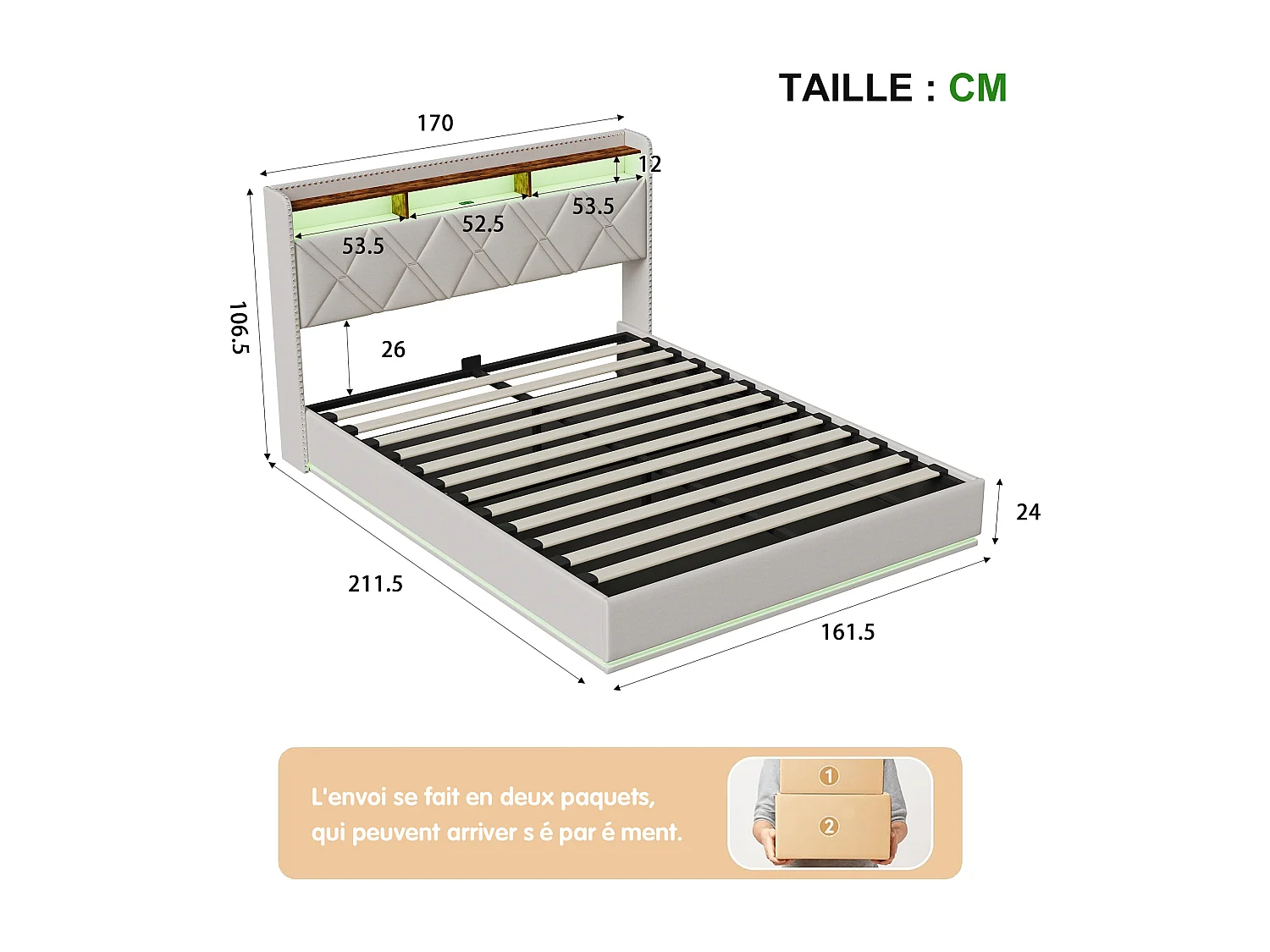 160 x 200 cm , Lit avec tête de lit rangement - avec LED et fonction de charge - Tête de lit rangeable - Tissu beige
