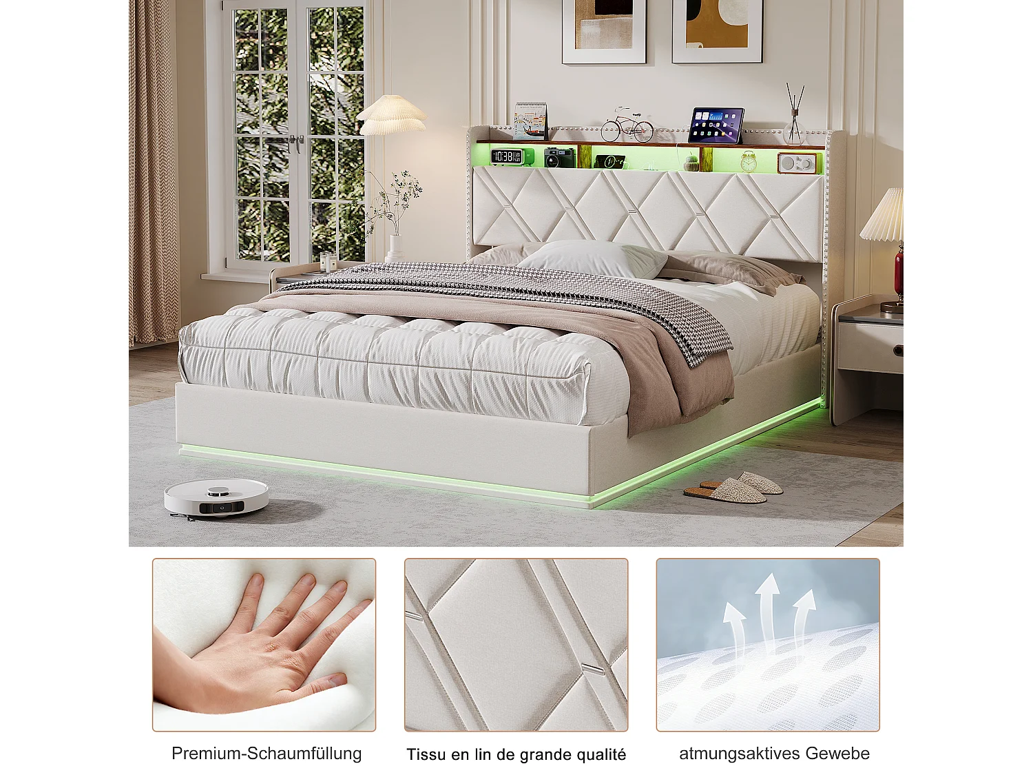 160 x 200 cm , Lit avec tête de lit rangement - avec LED et fonction de charge - Tête de lit rangeable - Tissu beige