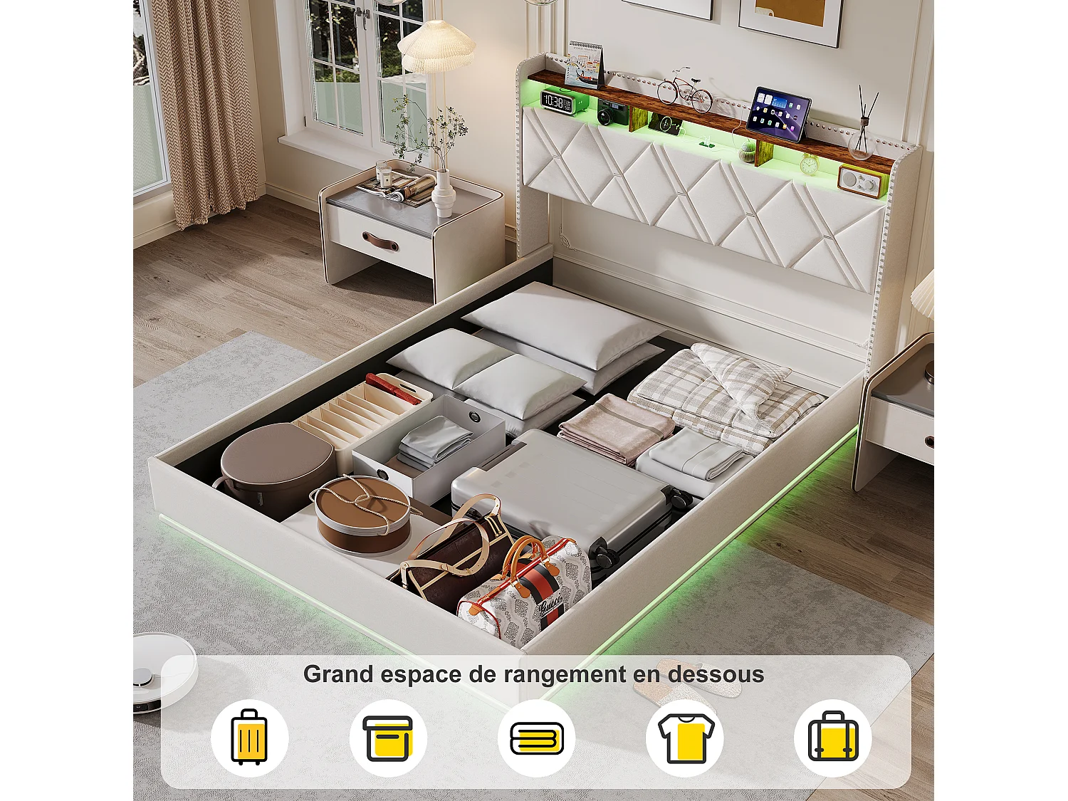 160 x 200 cm , Lit avec tête de lit rangement - avec LED et fonction de charge - Tête de lit rangeable - Tissu beige