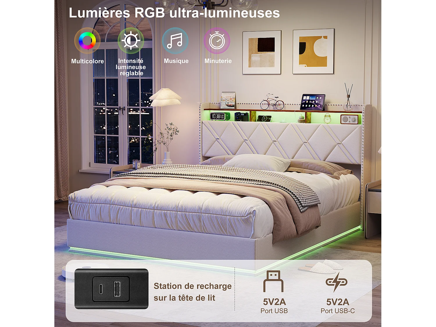 160 x 200 cm , Lit avec tête de lit rangement - avec LED et fonction de charge - Tête de lit rangeable - Tissu beige