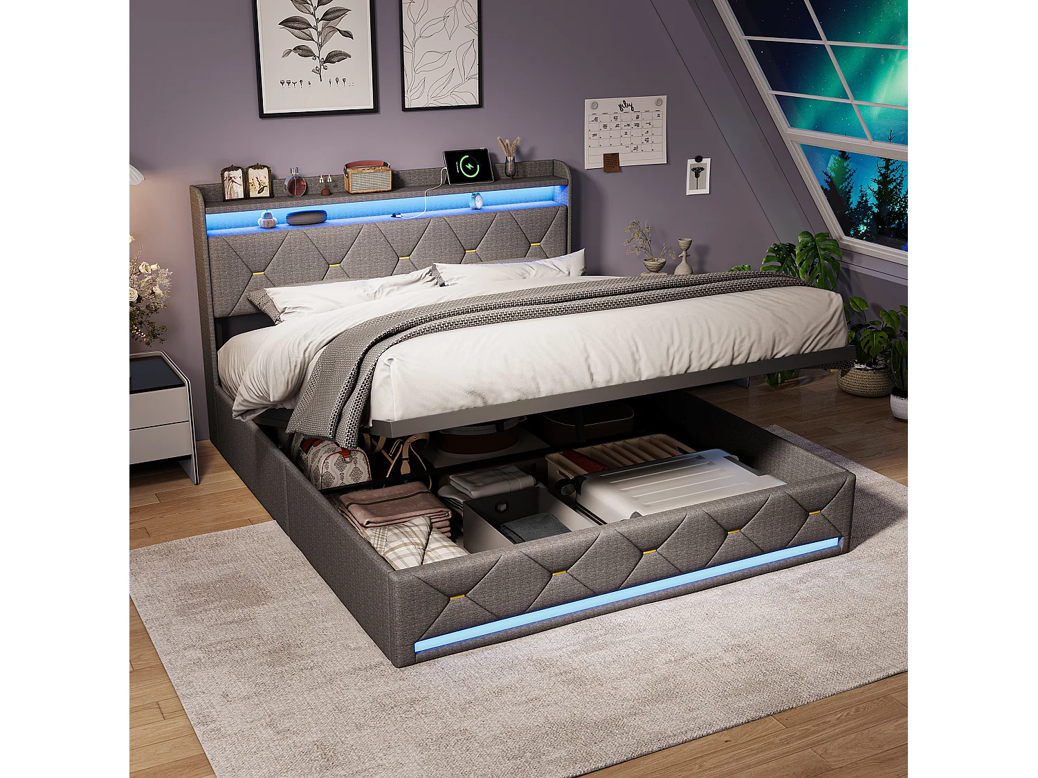 Lit avec rangement - 140 x 200 cm - Cadre de lit avec éclairage RGB LED - Décoration bouton doré - lin - gris