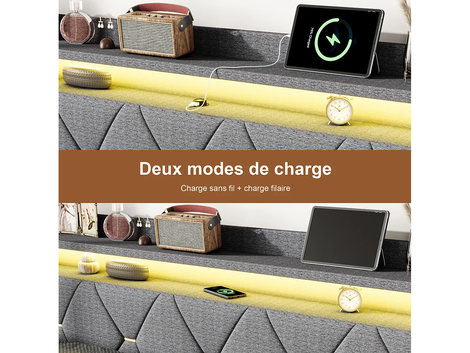 Lit avec rangement - 140 x 200 cm - Cadre de lit avec éclairage RGB LED - Décoration bouton doré - lin - gris