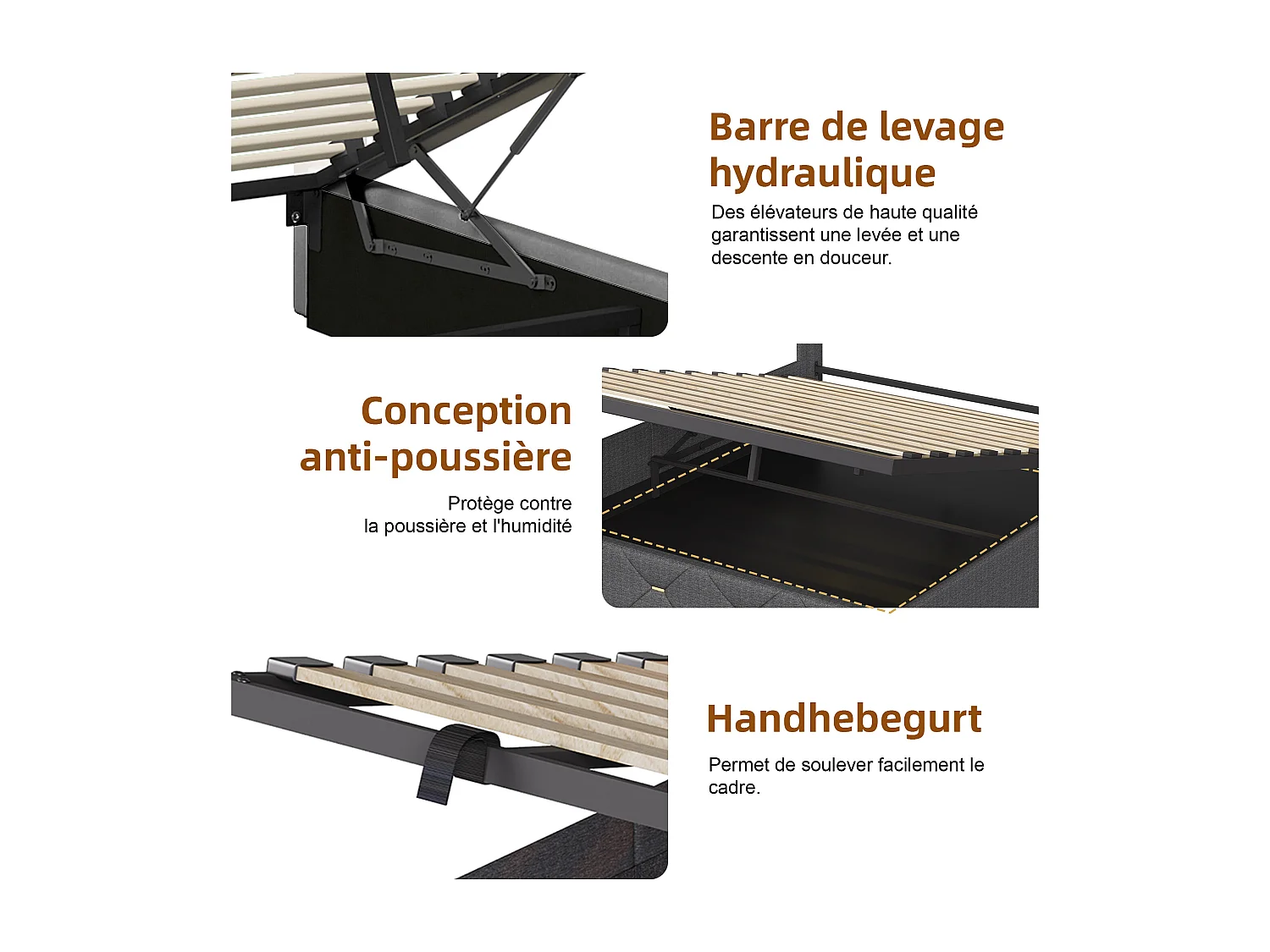 Lit avec rangement - 140 x 200 cm - Cadre de lit avec éclairage RGB LED - Décoration bouton doré - lin - gris