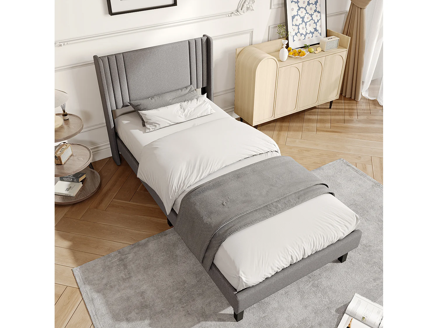 90 x 200 cm - Cadre de lit- gris - Lin - avec base à lames
