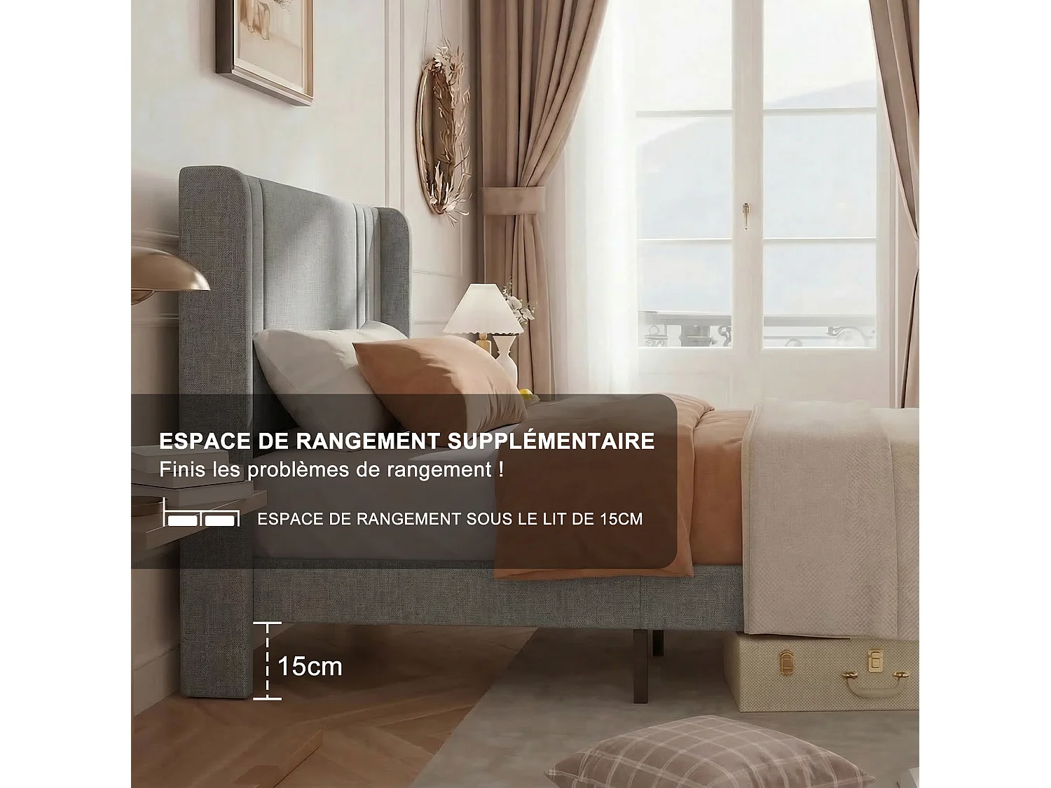 90 x 200 cm - Cadre de lit- gris - Lin - avec base à lames