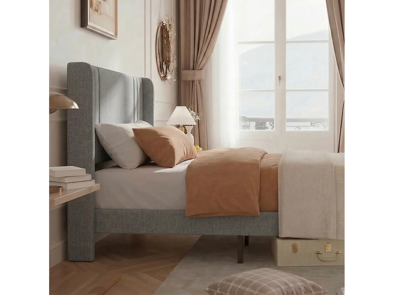 90 x 200 cm - Cadre de lit- gris - Lin - avec base à lames