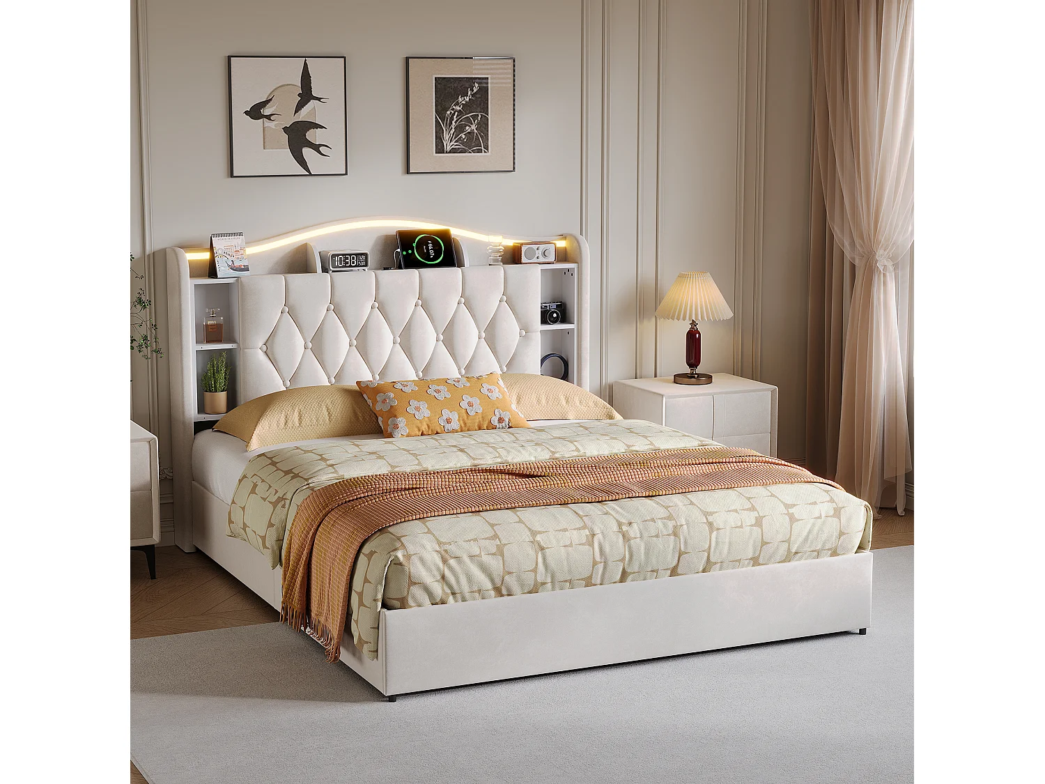 Lit coffre à abattant- 140 x 200 cm Cadre de lit - Cap-tête compartiment de stockage avec charge LED et USB - Beige - velours