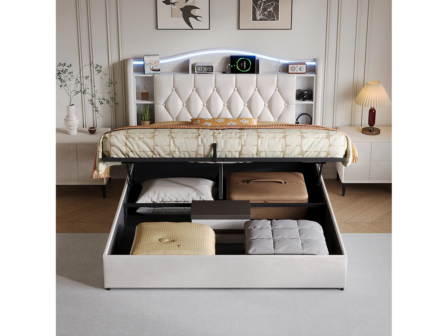 Lit coffre à abattant- 140 x 200 cm Cadre de lit - Cap-tête compartiment de stockage avec charge LED et USB - Beige - velours