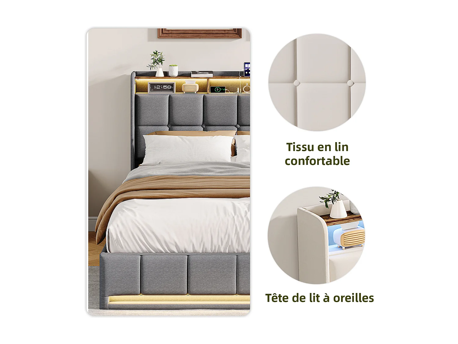140 x 190 cm, Lit avec rangement - avec chargement USB et éclairage LED - Tissu de lin - gris