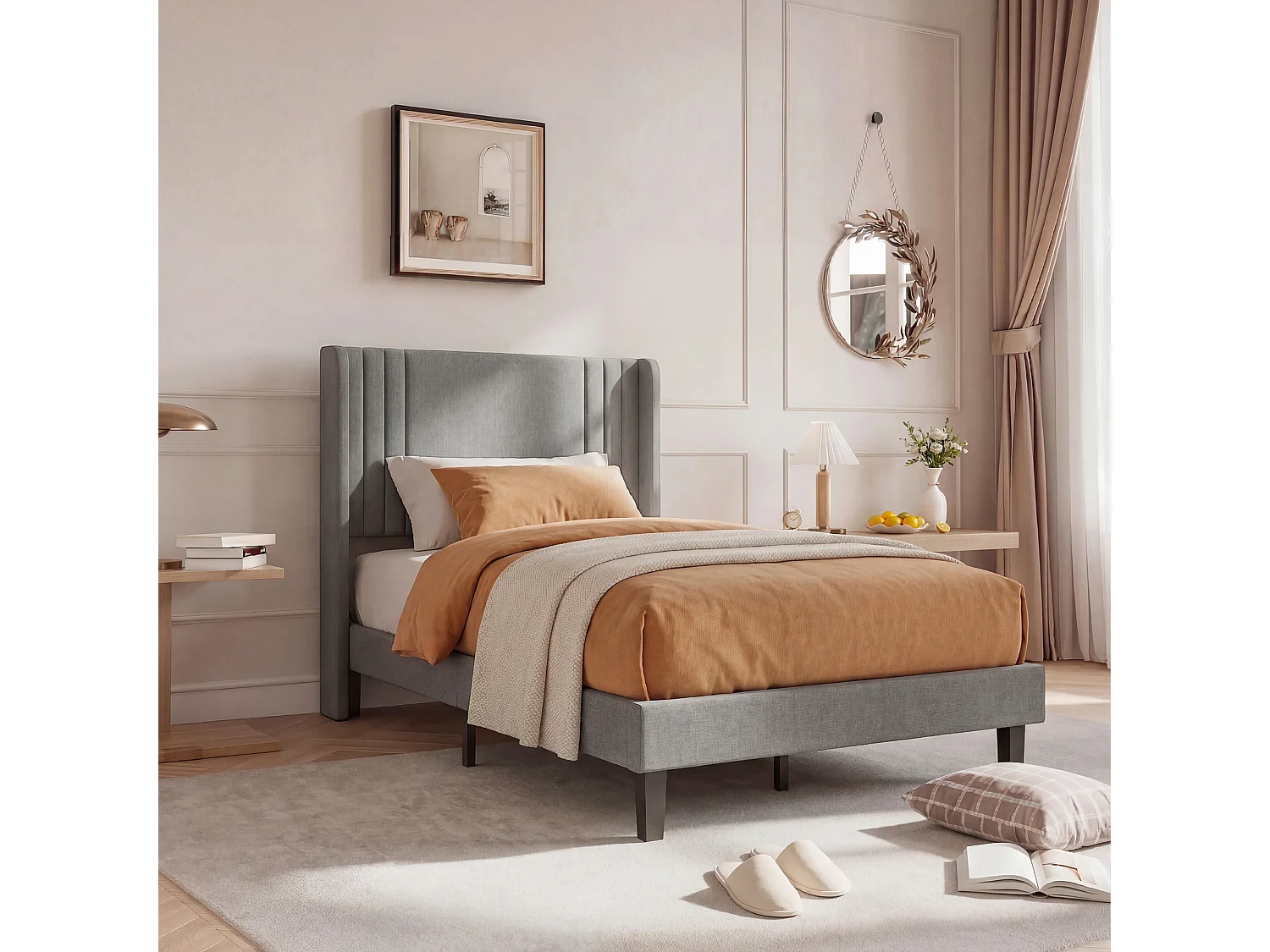 Lit rembourré avec base à lames - 90 x 200 cm - gris - Lin