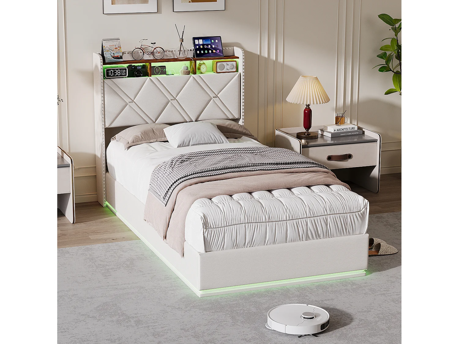 90 x 200 cm , Lit avec tête de lit rangement - avec LED et fonction de charge - Tête de lit rangeable - Tissu beige