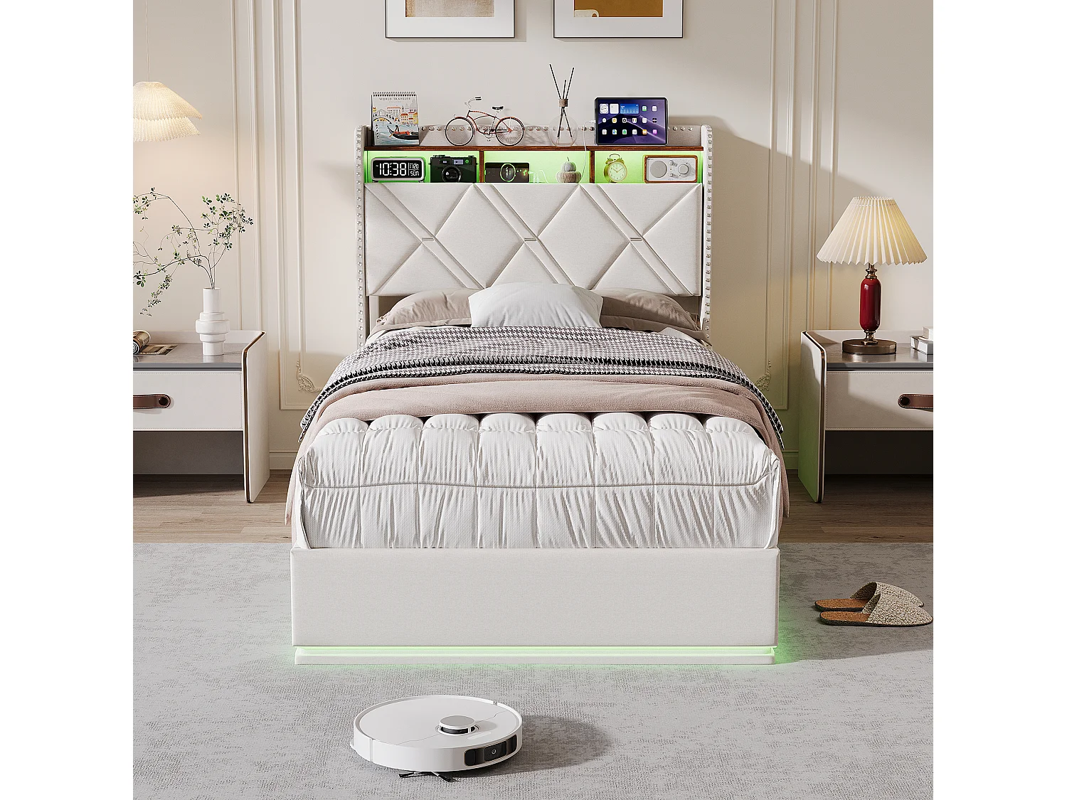 90 x 200 cm , Lit avec tête de lit rangement - avec LED et fonction de charge - Tête de lit rangeable - Tissu beige