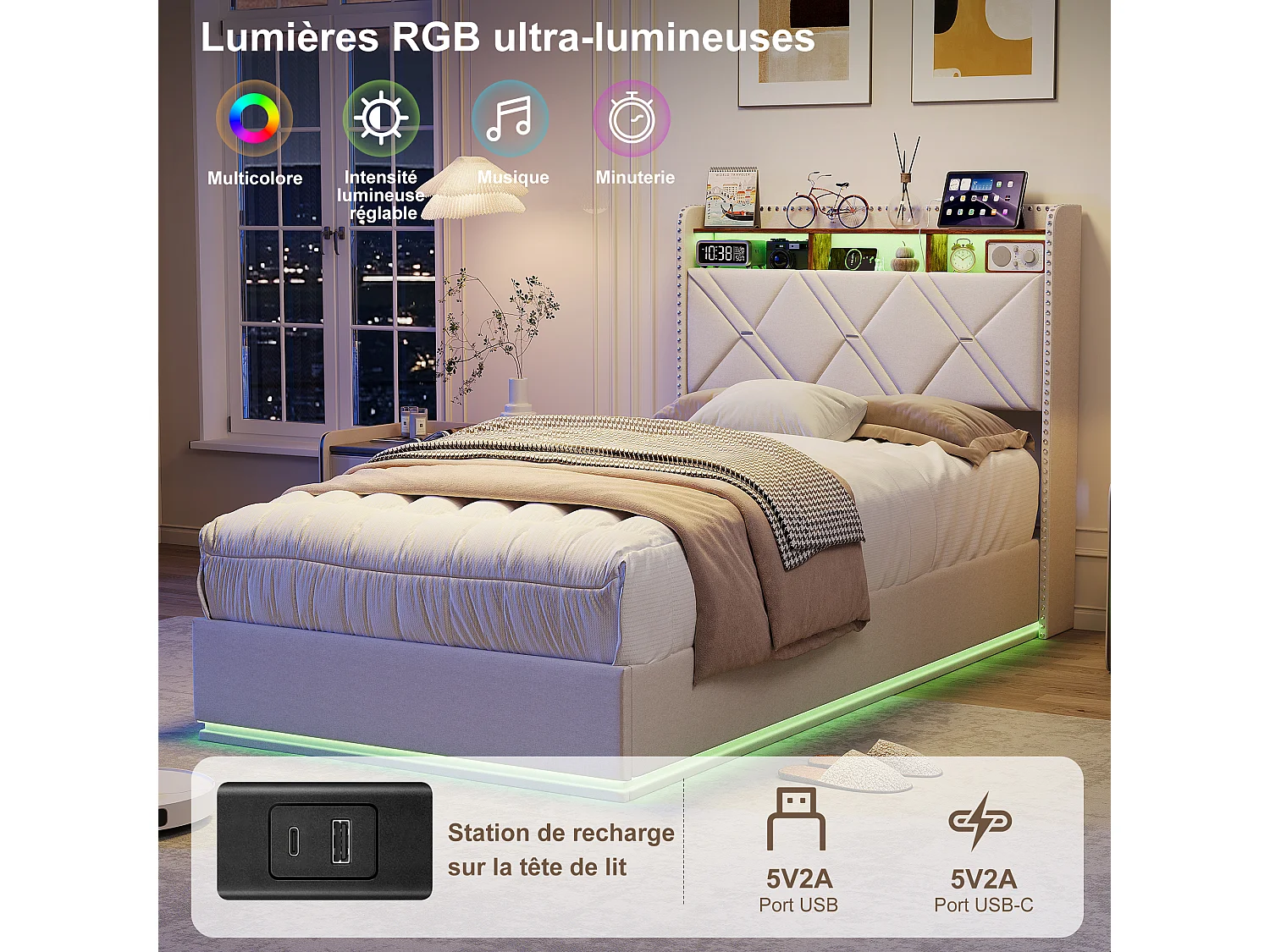 90 x 200 cm , Lit avec tête de lit rangement - avec LED et fonction de charge - Tête de lit rangeable - Tissu beige