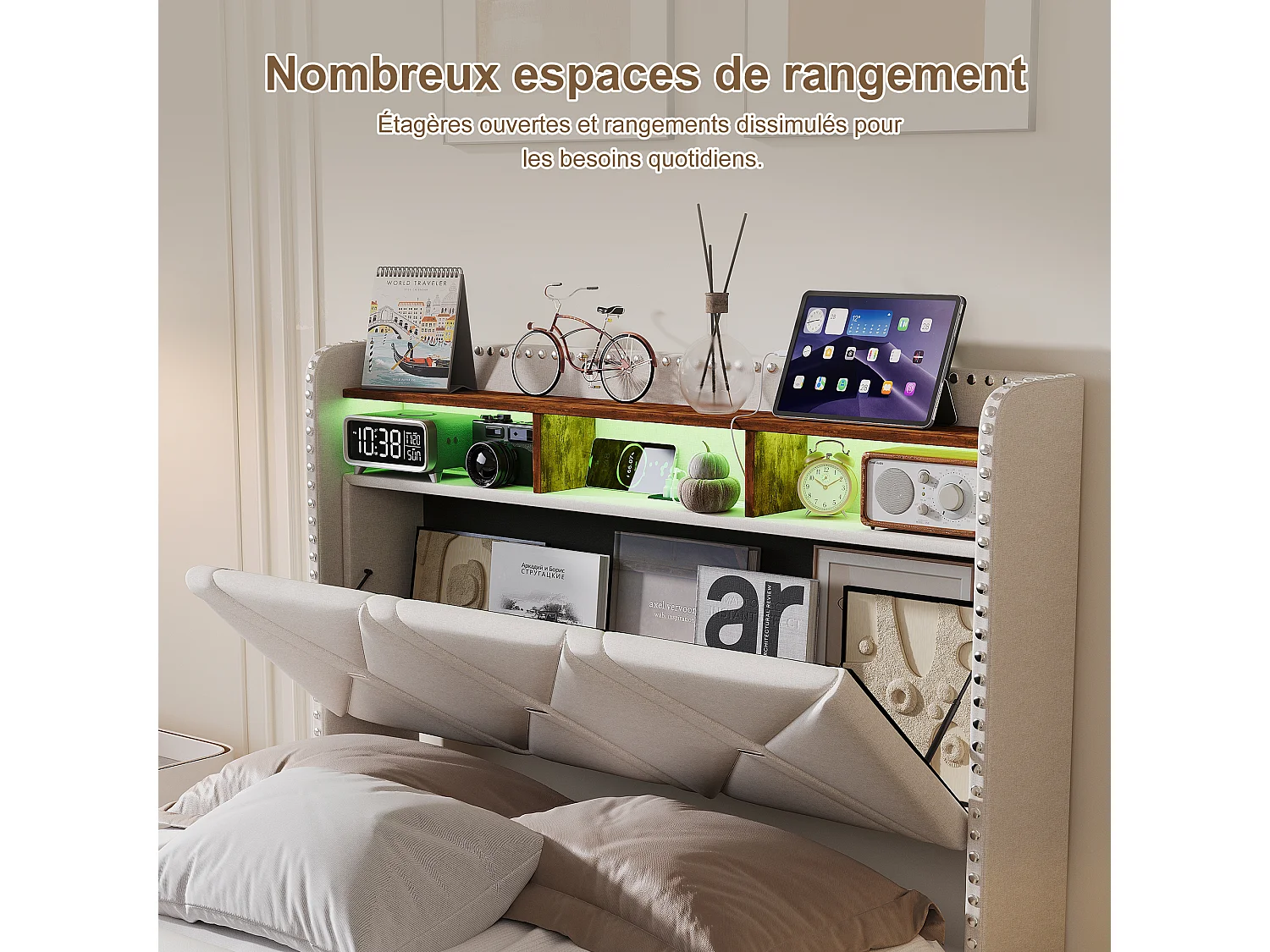 90 x 200 cm , Lit avec tête de lit rangement - avec LED et fonction de charge - Tête de lit rangeable - Tissu beige