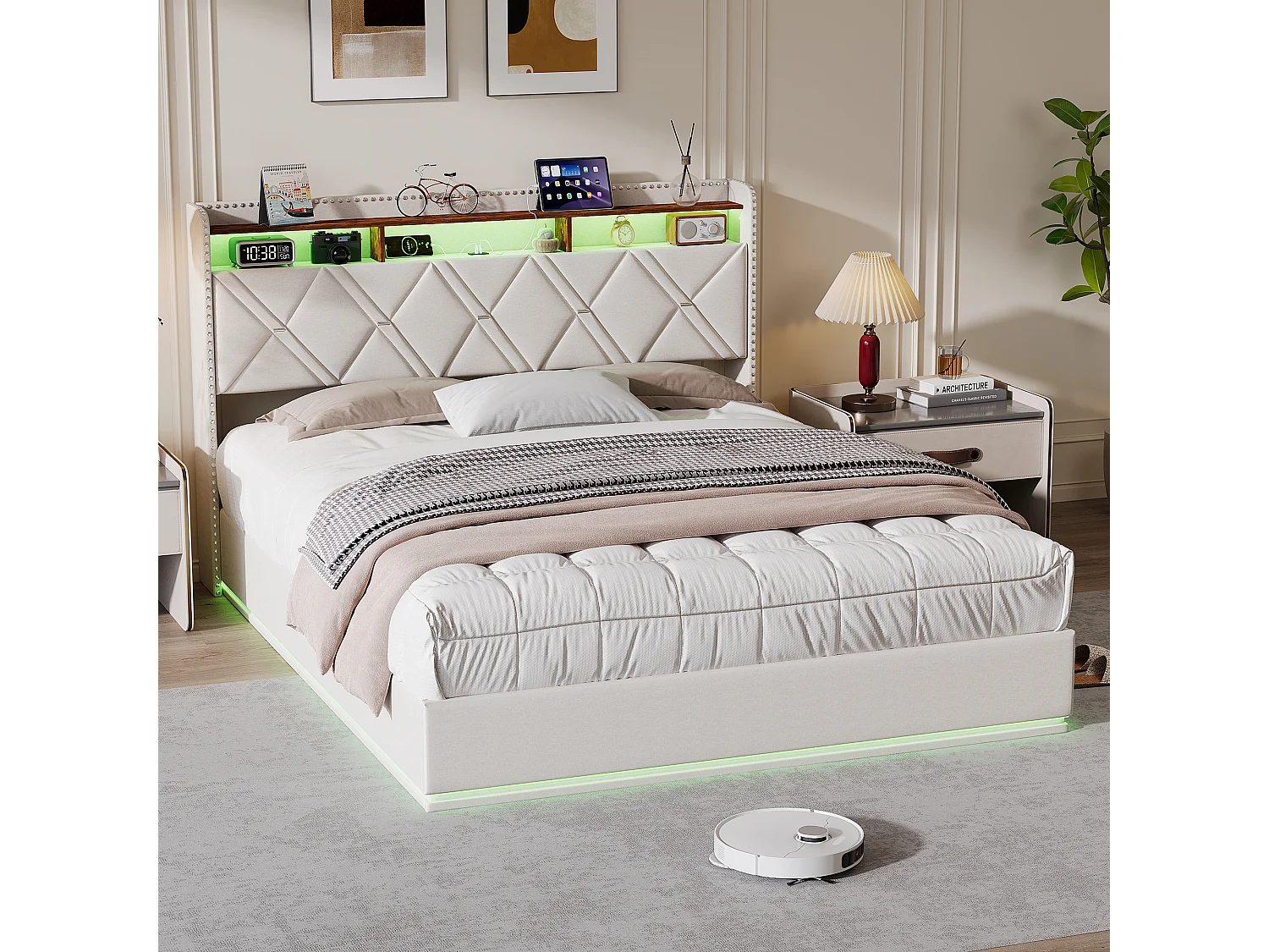 140 x 200 cm , Lit avec tête de lit rangement - avec LED et fonction de charge - Tête de lit rangeable - Tissu beige