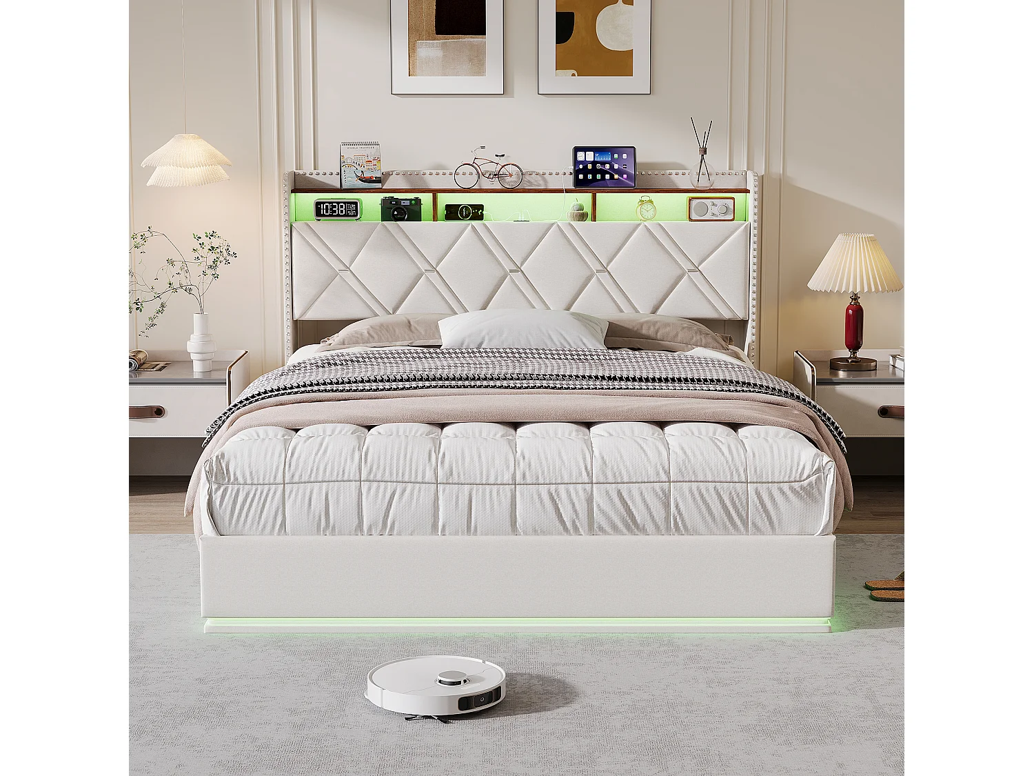 140 x 200 cm , Lit avec tête de lit rangement - avec LED et fonction de charge - Tête de lit rangeable - Tissu beige