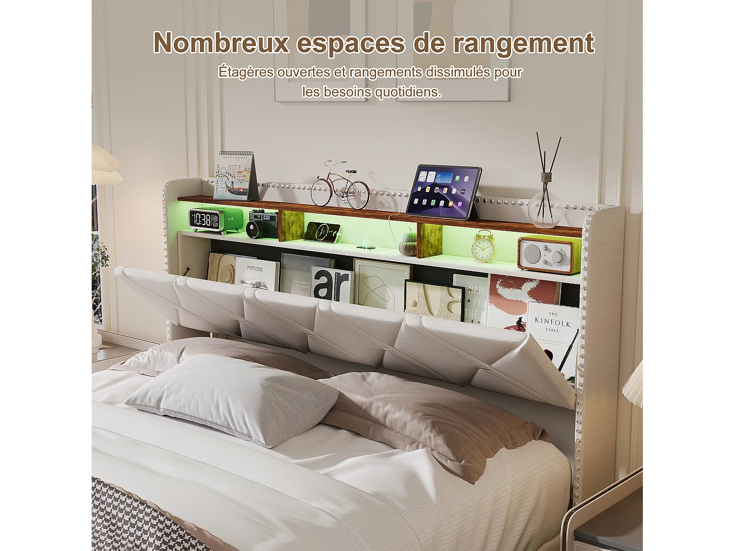 140 x 200 cm , Lit avec tête de lit rangement - avec LED et fonction de charge - Tête de lit rangeable - Tissu beige