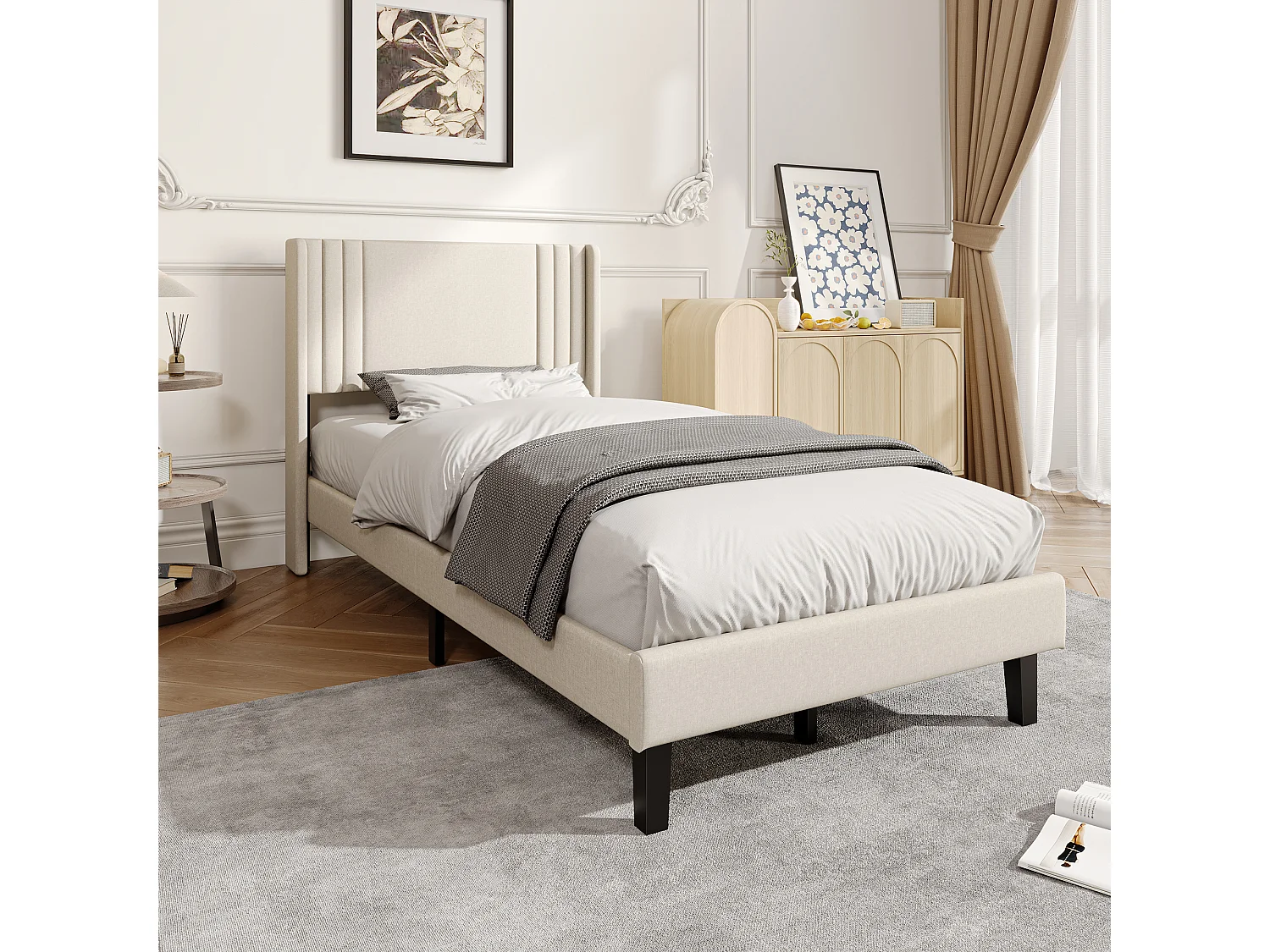 90 x 200 cm - Cadre de lit- beige - Lin - avec base à lames