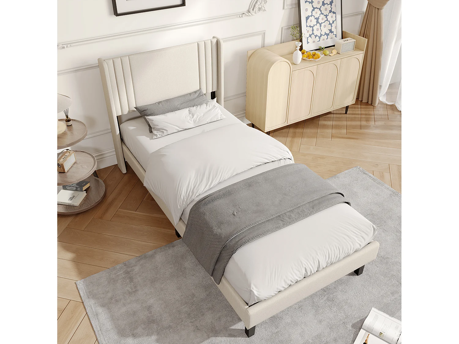 90 x 200 cm - Cadre de lit- beige - Lin - avec base à lames