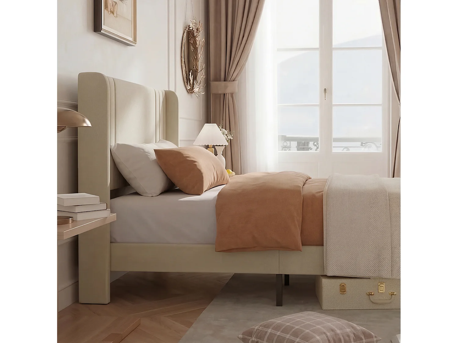 90 x 200 cm - Cadre de lit- beige - Lin - avec base à lames