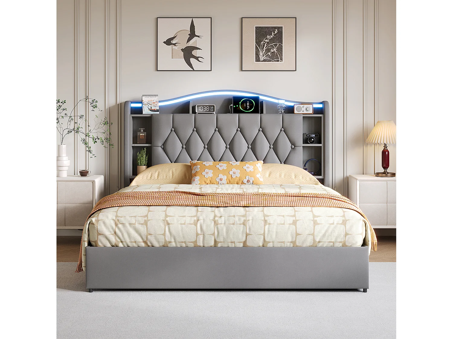 Łóżko z pojemnikiem 160x200 cm z szarym aksamitem, z podświetlanym zagłówkiem LED, ładowaniem USB/Type-C i wbudowanym schowkiem – nowoczesny design