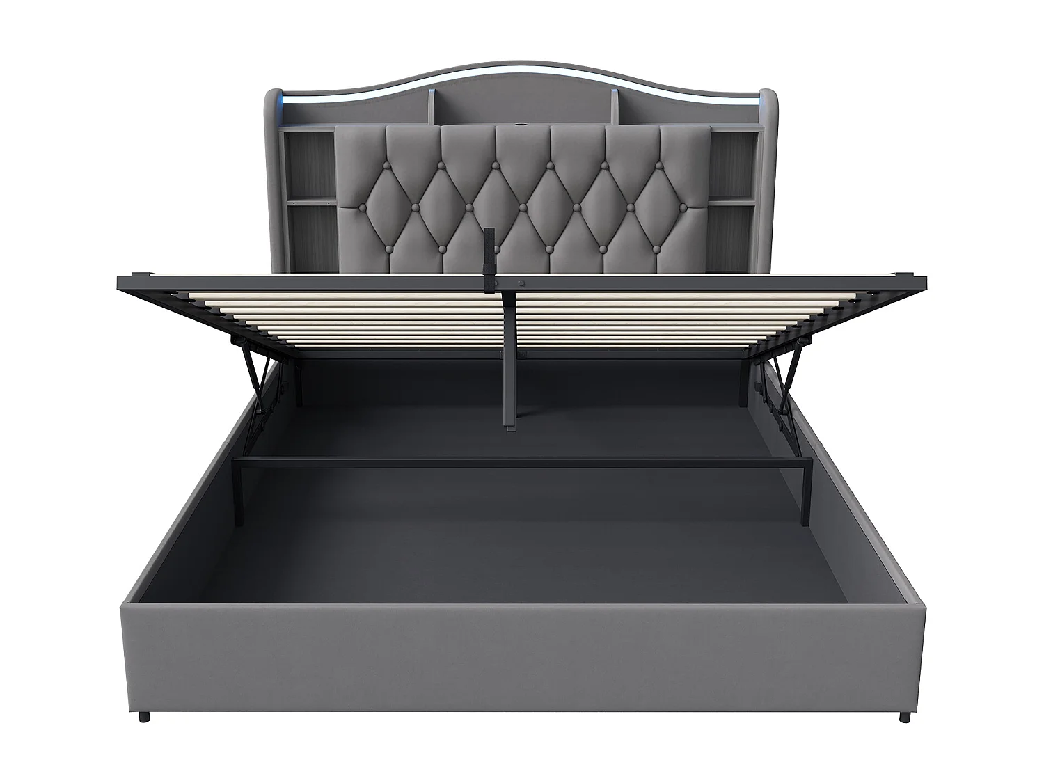 Łóżko z pojemnikiem 160x200 cm z szarym aksamitem, z podświetlanym zagłówkiem LED, ładowaniem USB/Type-C i wbudowanym schowkiem – nowoczesny design