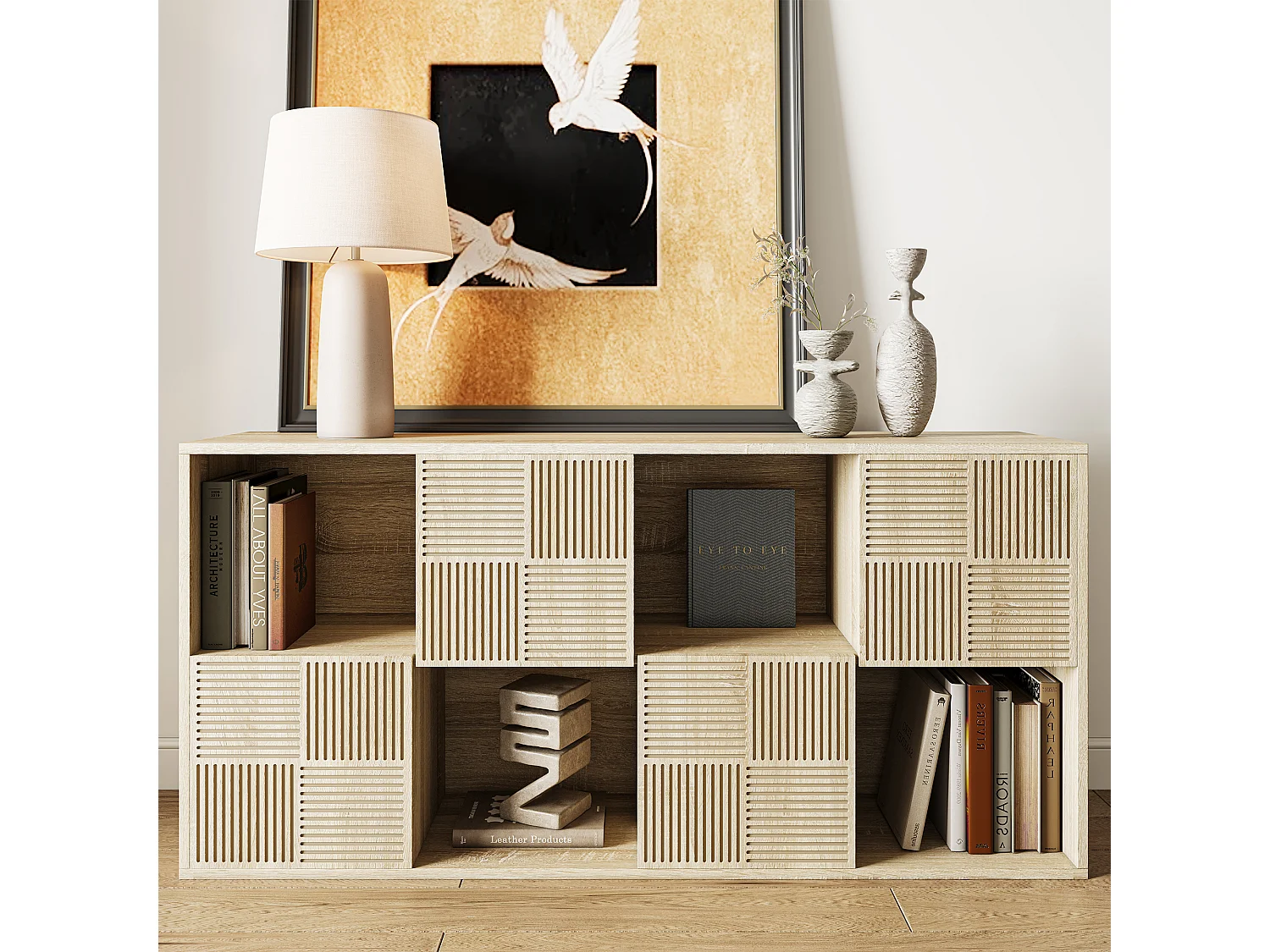 125 x 30 x 60 cm - Bibliothèque - avec 4 compartiments ouverts et 4 compartiments fermés - Utilisation horizontale verticale - kaki