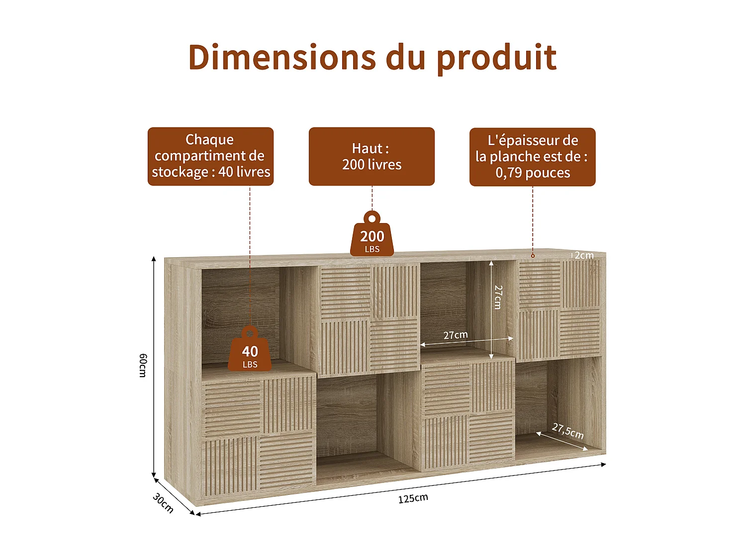 125 x 30 x 60 cm - Bibliothèque - avec 4 compartiments ouverts et 4 compartiments fermés - Utilisation horizontale verticale - kaki