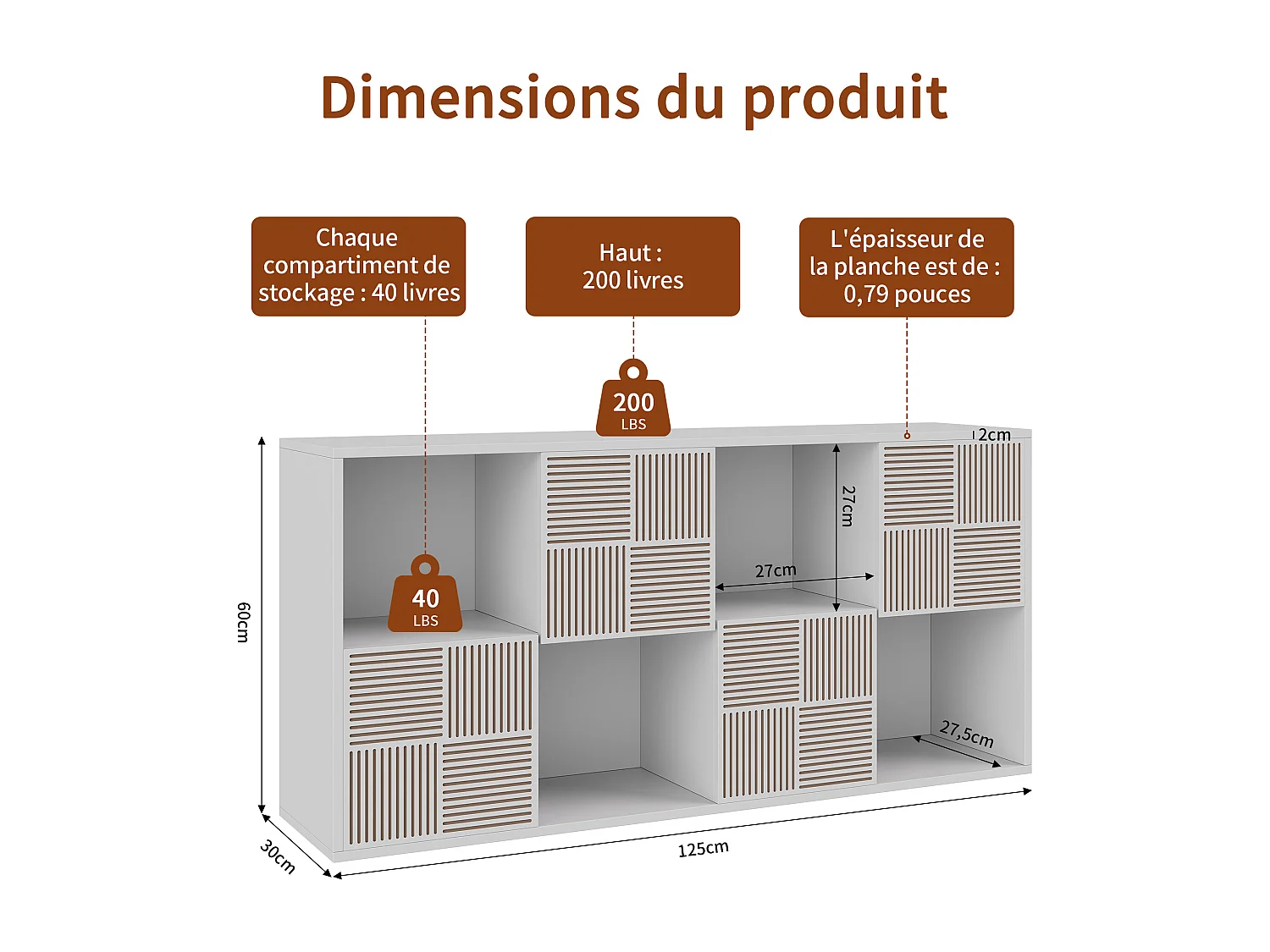 Étagère à cube - 125 x 30 x 60 cm - avec 8 compartiments et grille avant - Utilisation horizontale verticale - Blanc