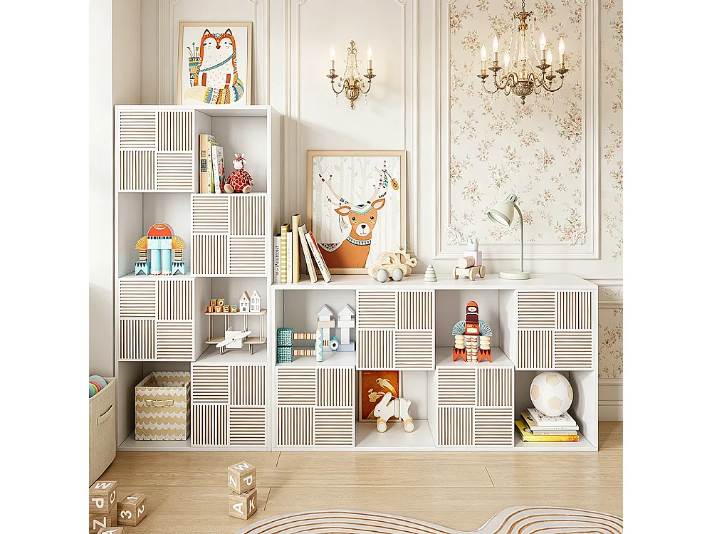 Witte kubusplank met 8 vakken en modulaire deuren, eigentijds design en push-to-open systeem, 125x30x60 cm