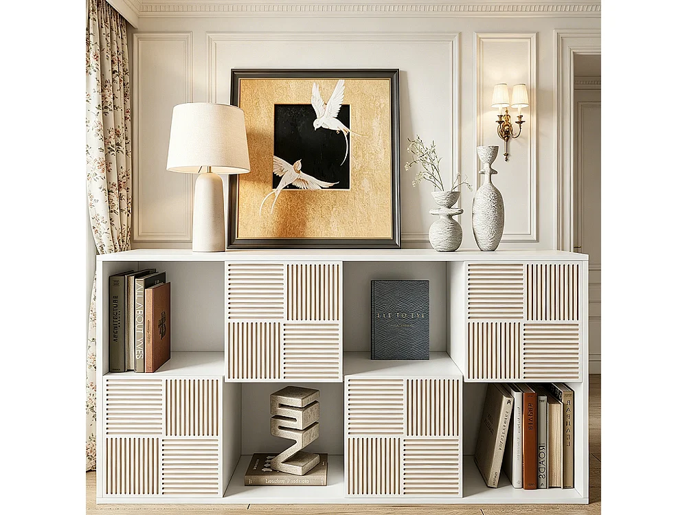 Witte kubusplank met 8 vakken en modulaire deuren, eigentijds design en push-to-open systeem, 125x30x60 cm