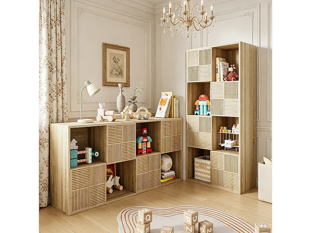 Kaki kubusrek met 8 vakken en push-to-open deuren, 125x30x60 cm, modulair en multifunctioneel design