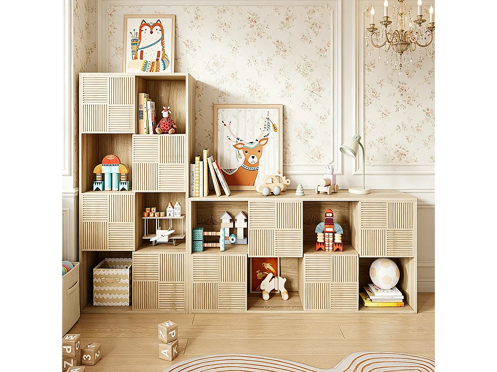 Kaki kubusrek met 8 vakken en push-to-open deuren, 125x30x60 cm, modulair en multifunctioneel design