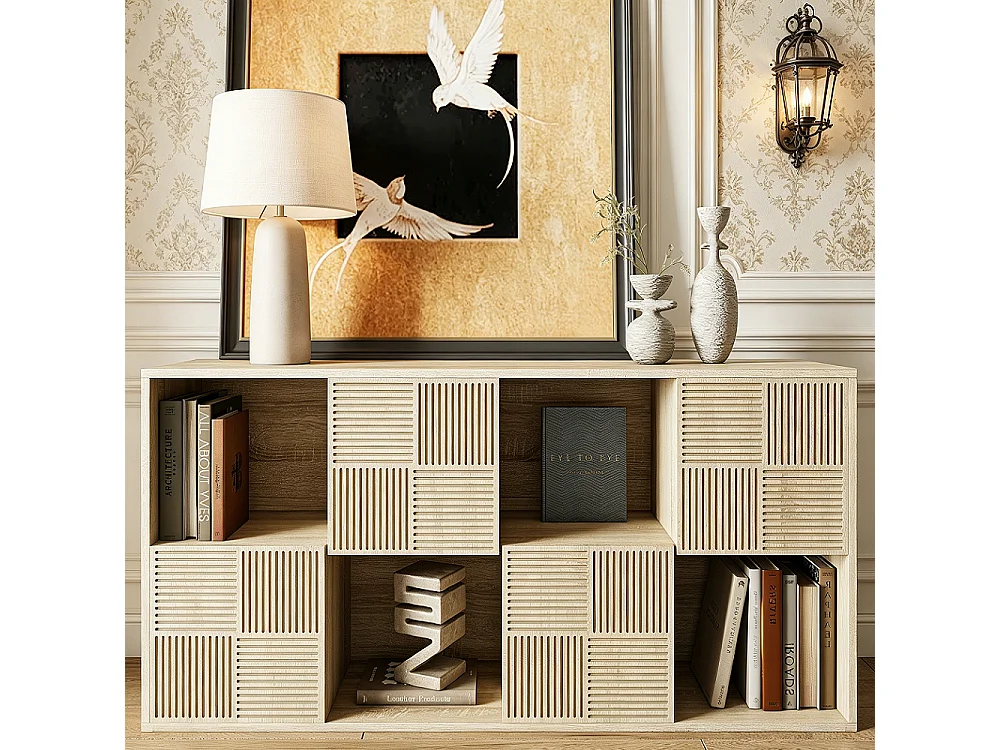 Kaki kubusrek met 8 vakken en push-to-open deuren, 125x30x60 cm, modulair en multifunctioneel design