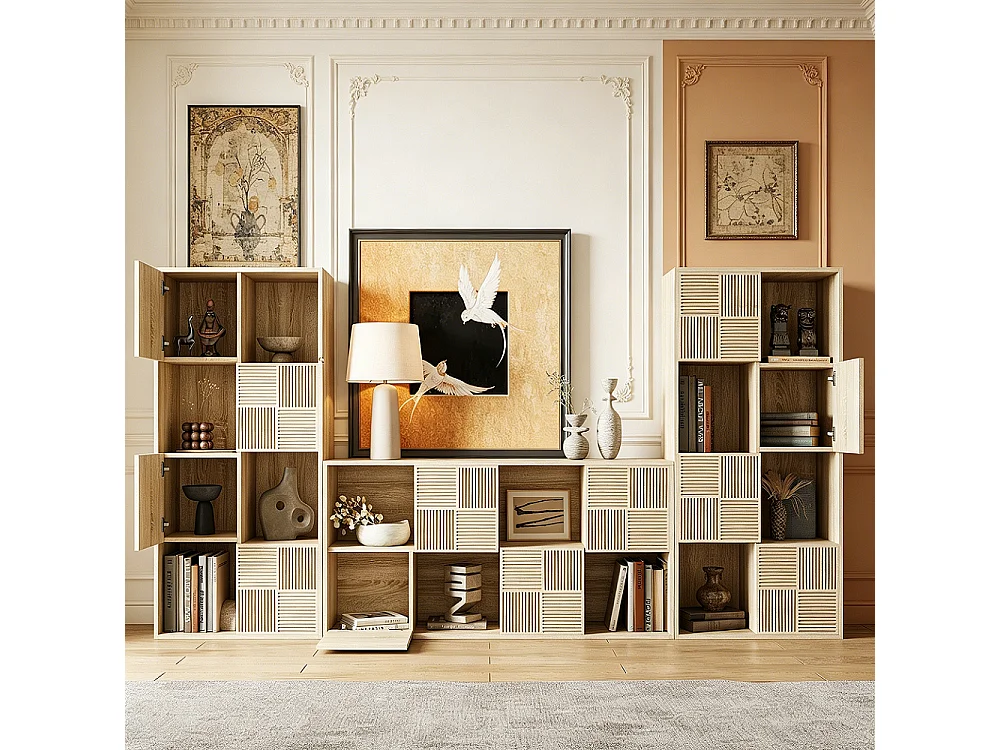 Kaki kubusrek met 8 vakken en push-to-open deuren, 125x30x60 cm, modulair en multifunctioneel design