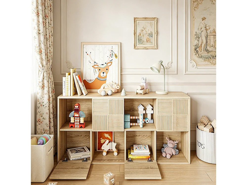 Kaki kubusrek met 8 vakken en push-to-open deuren, 125x30x60 cm, modulair en multifunctioneel design