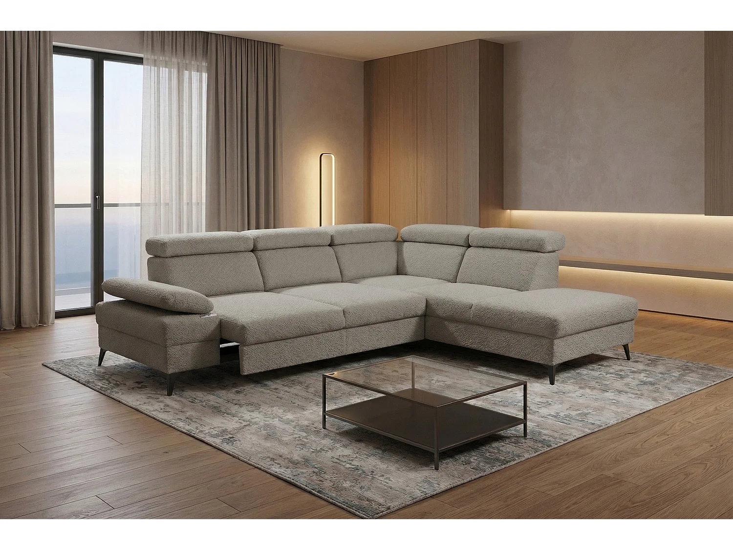 Canapé d’angle moderne Vigo avec fonction RELAX et appuie-têtes réglables – idéal pour le salon