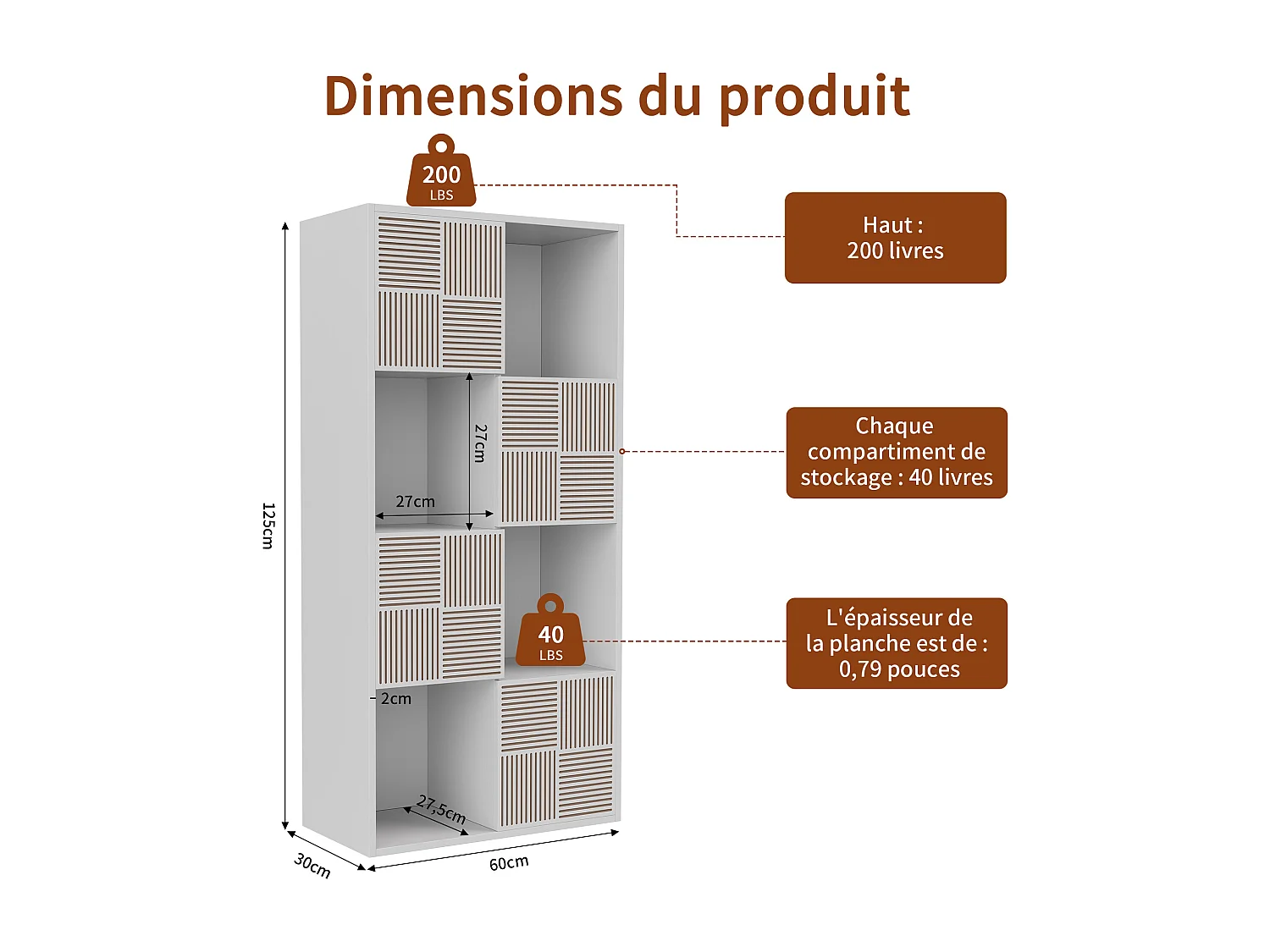 125 x 30 x 60 cm - Bibliothèque - avec 4 compartiments ouverts et 4 compartiments fermés - Utilisation horizontale verticale - Blanc