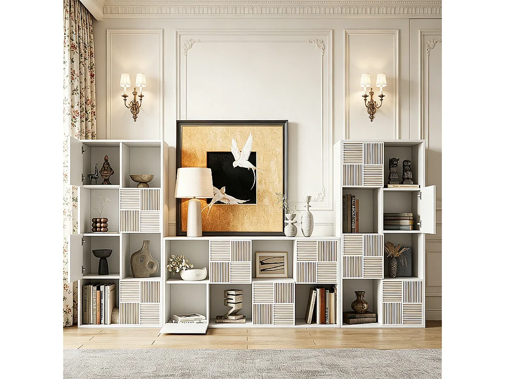 Biała biblioteczka 125x30x60 cm z 4 otwartymi i 4 zamkniętymi przegródkami, modułowy design bez uchwytów