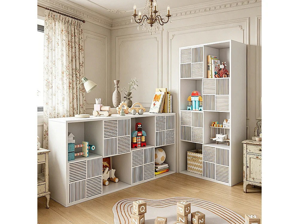 Biała biblioteczka 125x30x60 cm z 4 otwartymi i 4 zamkniętymi przegródkami, modułowy design bez uchwytów