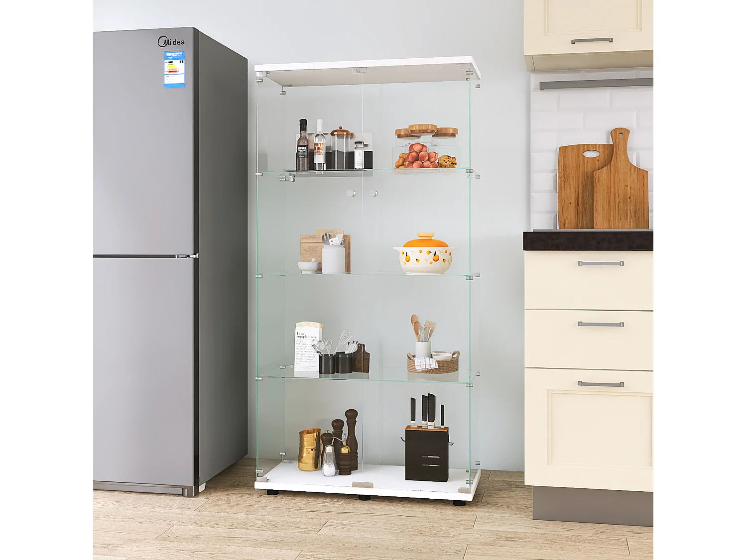 Vitrine debout au sol - 164,34 × 36,32 × 80,52 cm - avec 4 étagères 2 portes et serrure - verre trempé transparent - Blanc