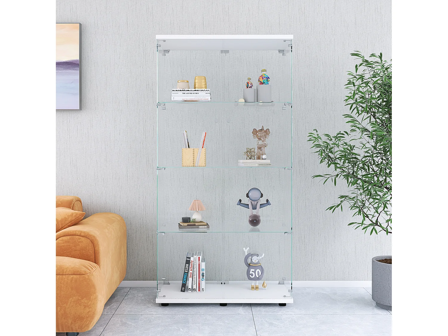 Vitrine debout au sol - 164,34 × 36,32 × 80,52 cm - avec 4 étagères 2 portes et serrure - verre trempé transparent - Blanc