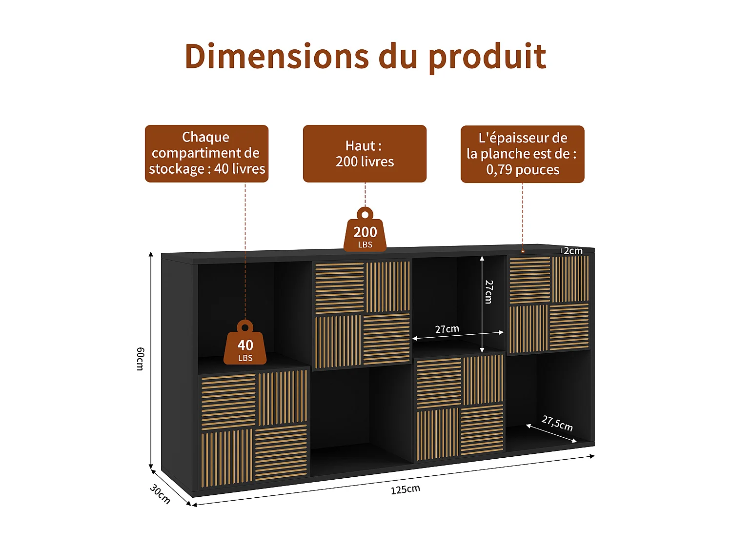 125 x 30 x 60 cm - Bibliothèque - avec 4 compartiments ouverts et 4 compartiments fermés - Utilisation horizontale verticale - Noir